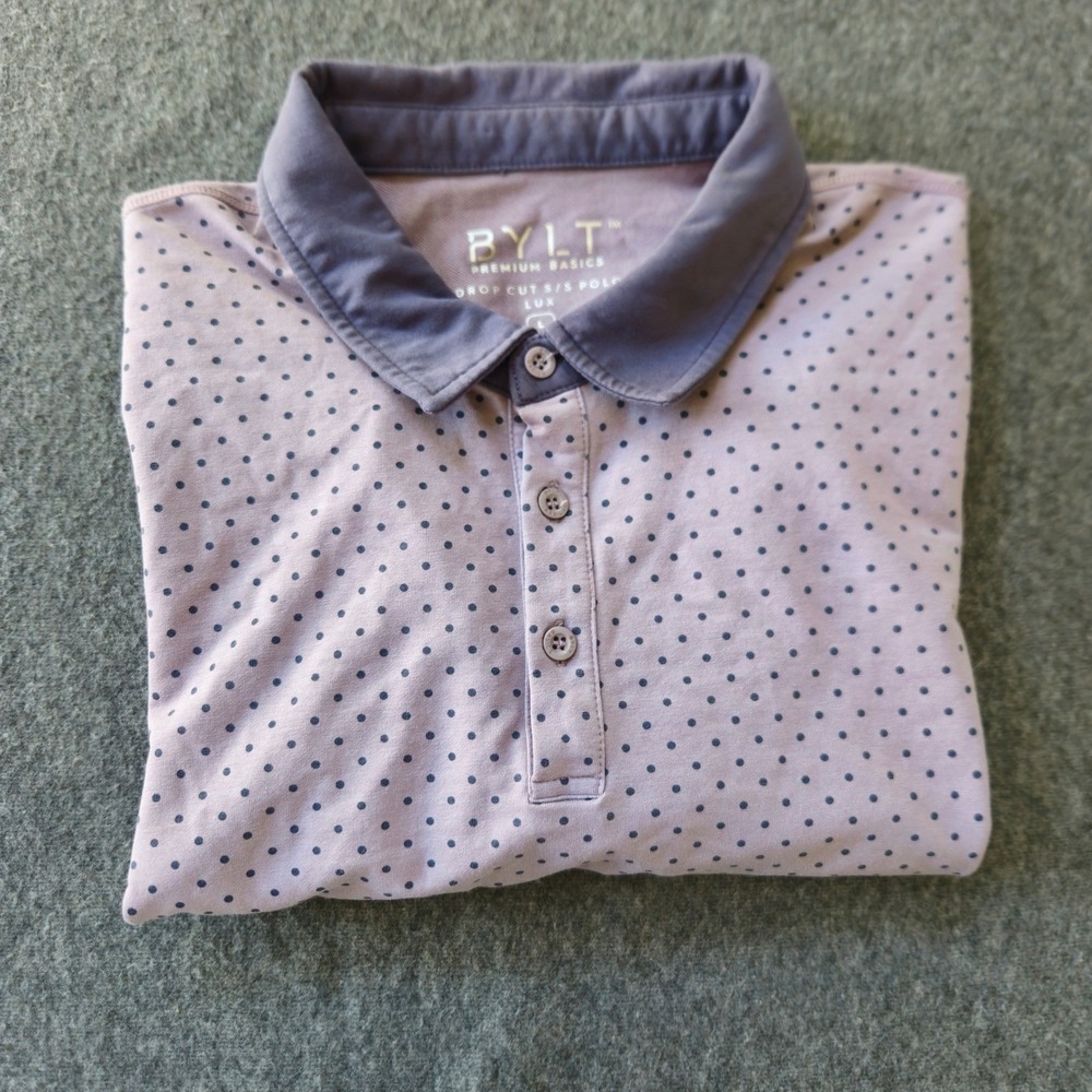 BYLT Drop Cut S/S Polo Lux Large Purple Polka Dot Activewear EUC Golfcore Preppy